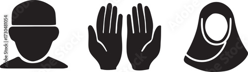  Islamic silhouette vector symbols of prayer and religious attire.
