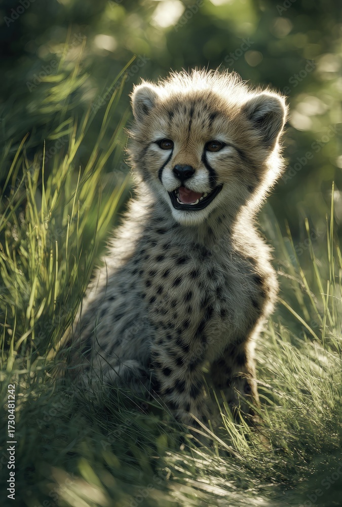 Obraz premium Smiling cheetah cub in natural habitat with green grass and soft sunlight