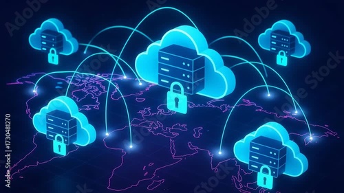 Illustration of cloud storage with secure servers connected globally, showcasing digital security and connectivity in modern technology.