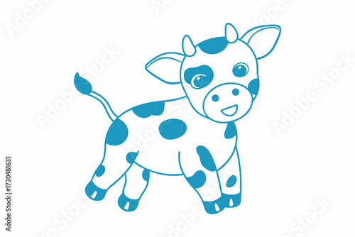 A cartoon blue and white cow is cheerfully outlined on a simple backdrop