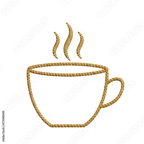 Golden embroidery outline of a coffee cup with steam, simple hot drink line art, rustic stitched kitchen decor, tea or cappuccino illustration, minimal farmhouse style vector on white background