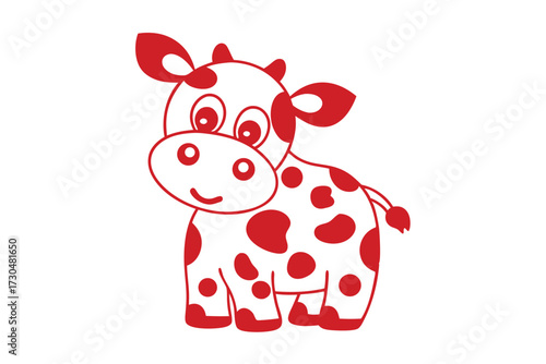 A cartoon cow with red spots smiles sweetly on a plain white backdrop