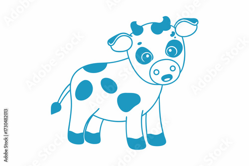 Adorable baby cow with blue spots and outline stands on a white background