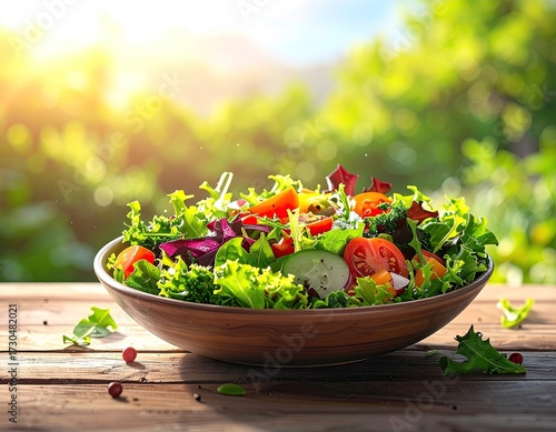 Fresh Green Salad in Rustic Bowl Outdoors