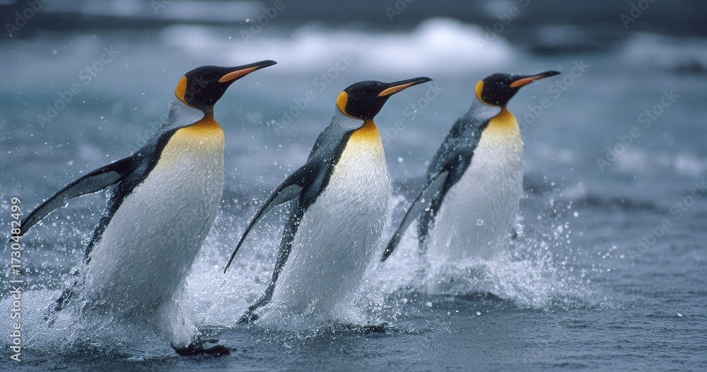 Fototapeta premium Three king penguins wading through water with splashing waves