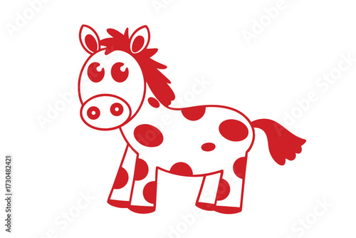 Adorable red dotted horse stands with playful charm on a plain white surface