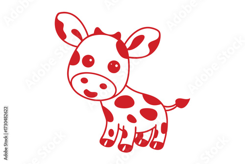 Adorable white cow with red spots standing, its line art style is charmingly simple