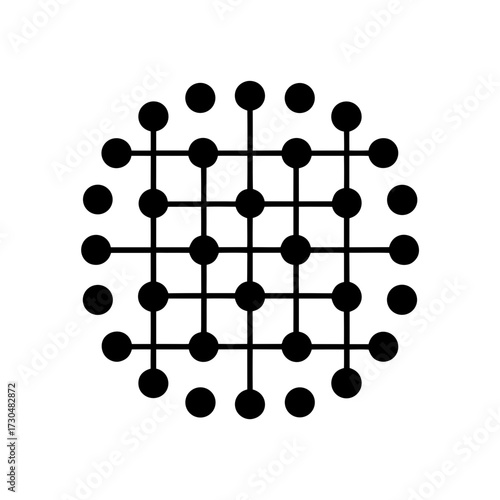 A black and white image of a grid of interconnected circles surrounded by additional circles forming a shape