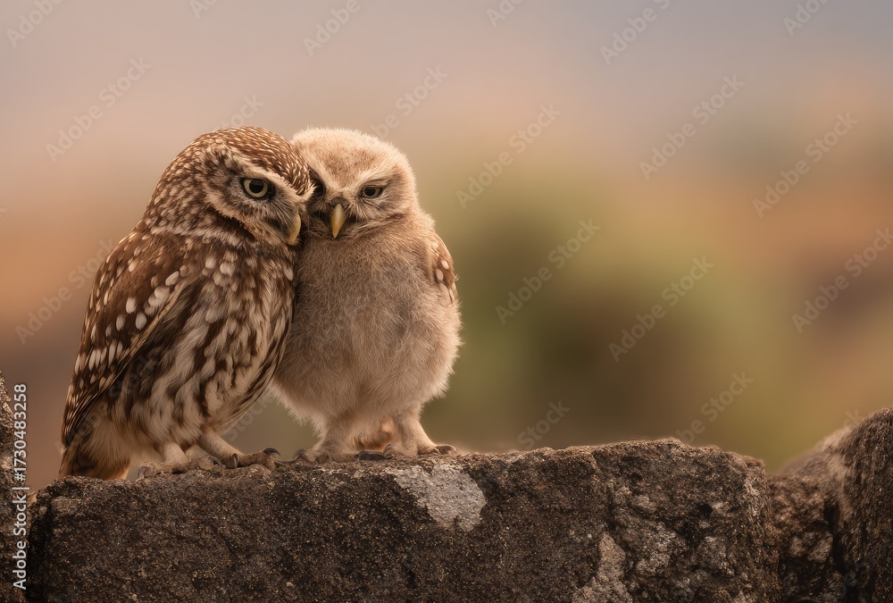 Fototapeta premium Two owls perched close together on rock in natural daylight setting