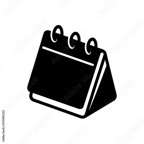 A black and white illustration of a desk calendar with a blank page and a spiral binding on the top