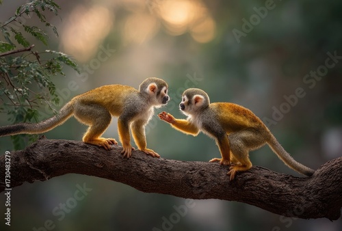 Two squirrel monkeys interacting on a tree branch against a blurred backdrop