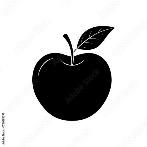 Silhouette of a single apple with a stem and a leaf attached to the top of the fruit image shown here