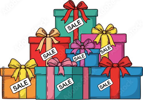 A colorful stack of gift boxes with sale stickers tied with different colored ribbons