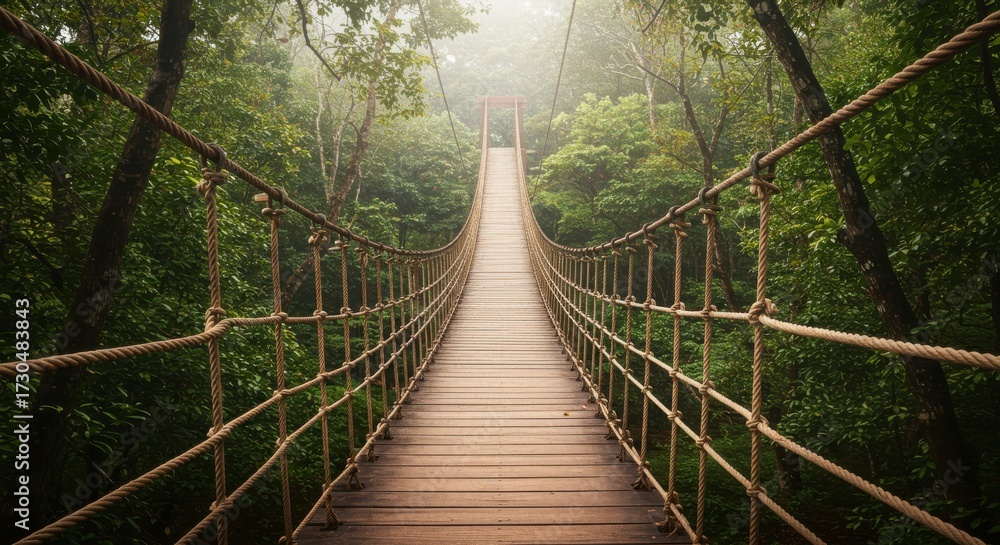 Obraz premium Wooden suspension bridge with rope handrails, viewed from below at the starting point with strong depth perspective in watercolor hyper realistic style