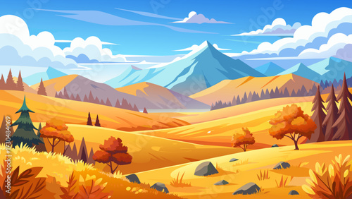 A peaceful valley with amber grass fields, colorful autumn trees, and misty hills under a crisp blue sky