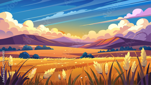 A warm, late-afternoon meadow with long grass, a golden field, distant hills, and a sky