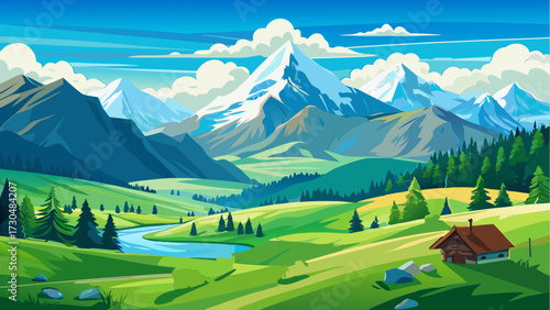 Beautiful nature countryside landscape with snowy mountain peaks, green rolling hills, and a crystal-blue sky filled with puffy clouds.