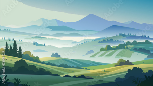 Beautiful nature countryside landscape with soft rolling hills and faint mountain silhouettes beneath a pale blue sky.