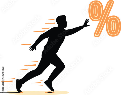 Dynamic silhouette of a person sprinting towards a large, stylized percentage symbol, symbolizing swift progress and financial goals.