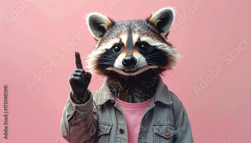Engaging anthropomorphic raccoon in denim jacket points up, conveying a bright idea