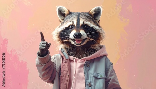 Happy Anthropomorphic Raccoon in Trendy Hoodie Pointing Upward with Joyful Smile