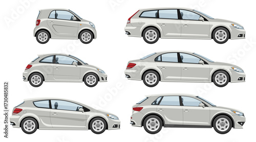 Isolated cars vector set, view from the side, simple colors without gradients and effects.