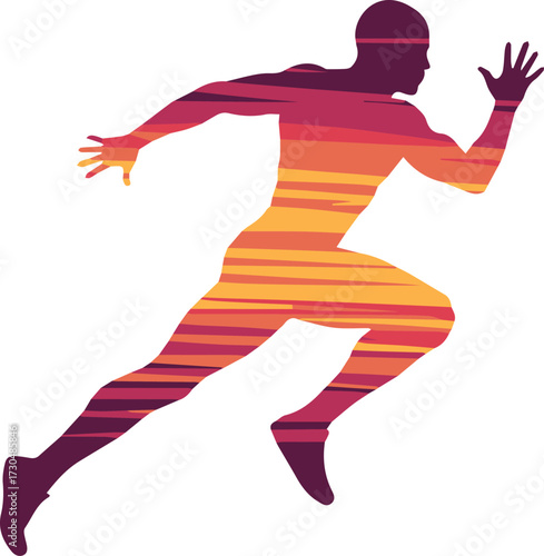 Dynamic runner silhouette bursts with vibrant sunset colors conveying speed, energy, and athletic achievement in a modern abstract style