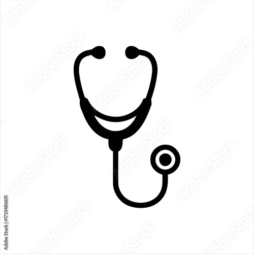 A simple glyph-style stethoscope icon in solid black with white background, featuring a stethoscope with a heartbeat line in the center, ideal for medical graphics, healthcare themes, and hospital bra