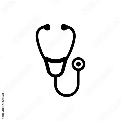 A simple glyph-style stethoscope icon in solid black with white background, featuring a stethoscope with a heartbeat line in the center, ideal for medical graphics, healthcare themes, and hospital bra