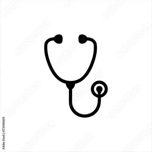 A simple glyph-style stethoscope icon in solid black with white background, featuring a stethoscope with a heartbeat line in the center, ideal for medical graphics, healthcare themes, and hospital bra