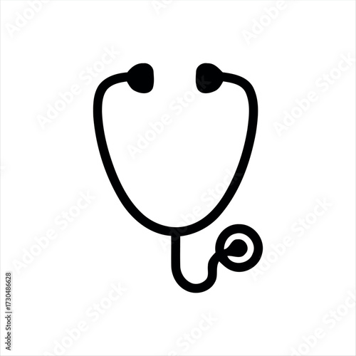 A simple glyph-style stethoscope icon in solid black with white background, featuring a stethoscope with a heartbeat line in the center, ideal for medical graphics, healthcare themes, and hospital bra