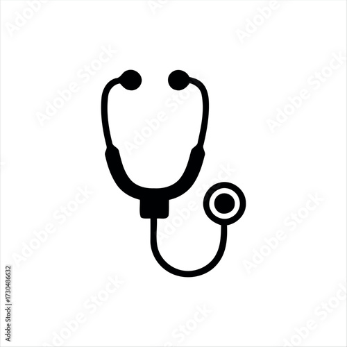 A simple glyph-style stethoscope icon in solid black with white background, featuring a stethoscope with a heartbeat line in the center, ideal for medical graphics, healthcare themes, and hospital bra
