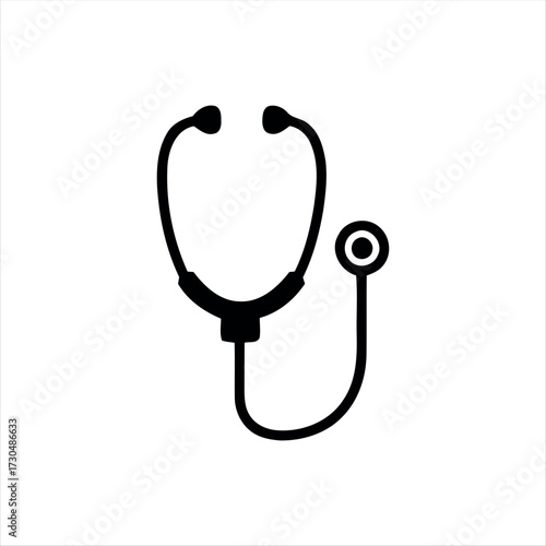 A simple glyph-style stethoscope icon in solid black with white background, featuring a stethoscope with a heartbeat line in the center, ideal for medical graphics, healthcare themes, and hospital bra