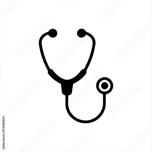 A simple glyph-style stethoscope icon in solid black with white background, featuring a stethoscope with a heartbeat line in the center, ideal for medical graphics, healthcare themes, and hospital bra