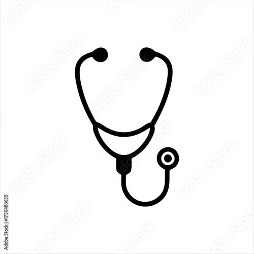 A simple glyph-style stethoscope icon in solid black with white background, featuring a stethoscope with a heartbeat line in the center, ideal for medical graphics, healthcare themes, and hospital bra