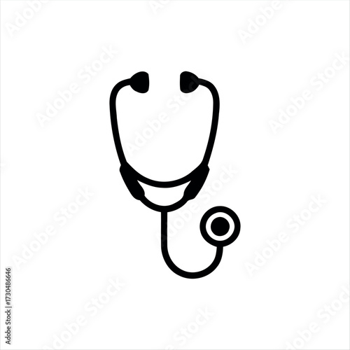 A simple glyph-style stethoscope icon in solid black with white background, featuring a stethoscope with a heartbeat line in the center, ideal for medical graphics, healthcare themes, and hospital bra