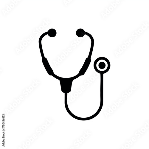 A simple glyph-style stethoscope icon in solid black with white background, featuring a stethoscope with a heartbeat line in the center, ideal for medical graphics, healthcare themes, and hospital bra