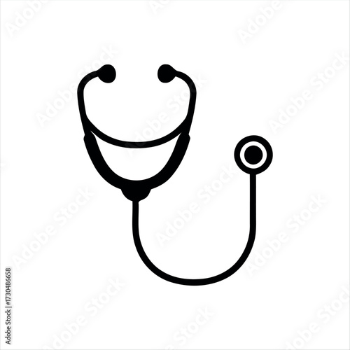 A simple glyph-style stethoscope icon in solid black with white background, featuring a stethoscope with a heartbeat line in the center, ideal for medical graphics, healthcare themes, and hospital bra
