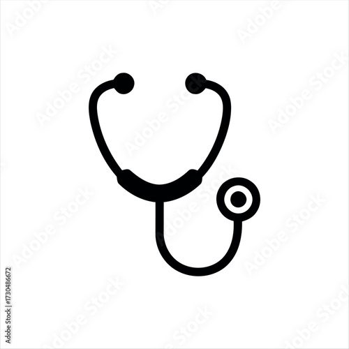 A simple glyph-style stethoscope icon in solid black with white background, featuring a stethoscope with a heartbeat line in the center, ideal for medical graphics, healthcare themes, and hospital bra