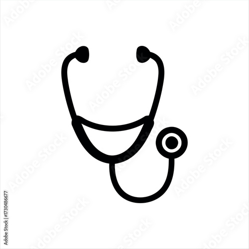 A simple glyph-style stethoscope icon in solid black with white background, featuring a stethoscope with a heartbeat line in the center, ideal for medical graphics, healthcare themes, and hospital bra