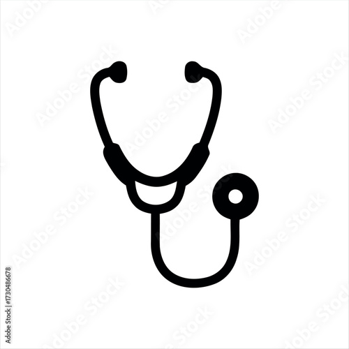 A simple glyph-style stethoscope icon in solid black with white background, featuring a stethoscope with a heartbeat line in the center, ideal for medical graphics, healthcare themes, and hospital bra