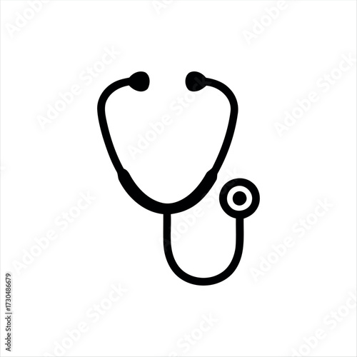 A simple glyph-style stethoscope icon in solid black with white background, featuring a stethoscope with a heartbeat line in the center, ideal for medical graphics, healthcare themes, and hospital bra