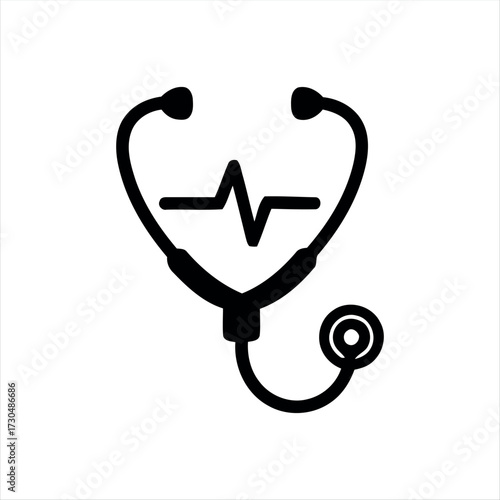 A simple glyph-style stethoscope icon in solid black with white background, featuring a stethoscope with a heartbeat line in the center, ideal for medical graphics, healthcare themes, and hospital bra