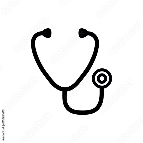 A simple glyph-style stethoscope icon in solid black with white background, featuring a stethoscope with a heartbeat line in the center, ideal for medical graphics, healthcare themes, and hospital bra