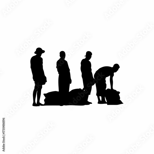 Silhouette of workers lining up rice bags neatly isolated on white background
