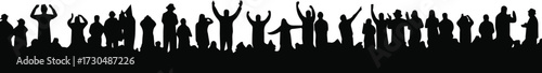 Excited crowd cheering and celebrating with raised hands at an event or concert, symbolizing unity and joy.