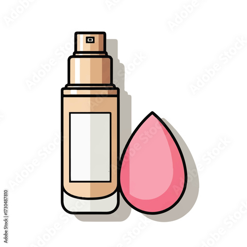 Vector illustration of a liquid foundation bottle and a pink makeup blending sponge isolated on a white background