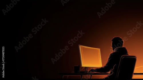 Silhouette of programmer with glowing computer in warm light