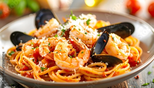 Delicious Italian seafood pasta (Linguine Pescatore) with mussels, shrimp, tomato sauce, and parmesan cheese on a rustic plate.
