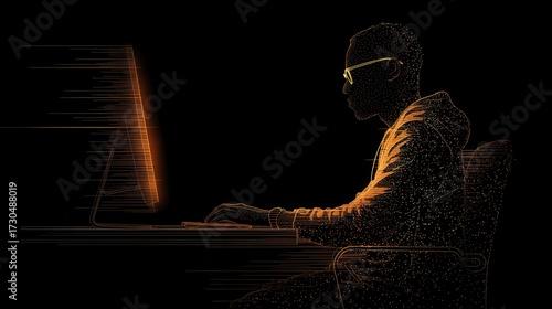 Silhouette of programmer with warm glowing computer screen